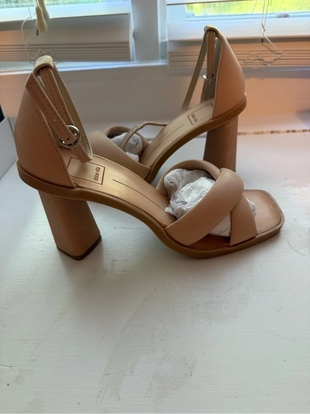 Dolce Vita Nude Tan Crisscross Ankle-Strap Block Heels
